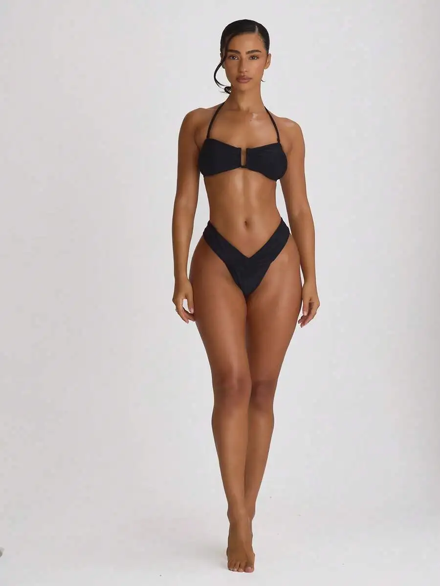 

Ruched Front High Waist Thong Bikini Set Solid Color Beach Swimwear