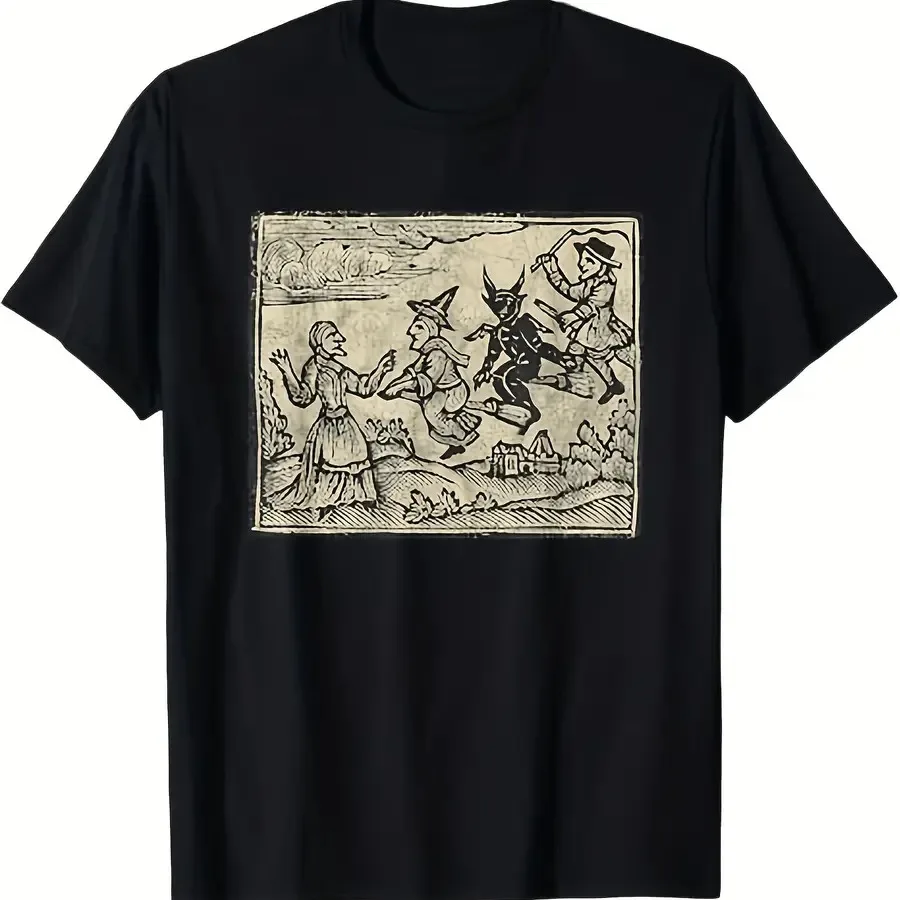 Men'S Gothic Occult Walpurgisnacht T-Shirt Dark Fantasy Witch Devil Dance Heavy Metal Graphic Tee Light Grey Breathable Regular