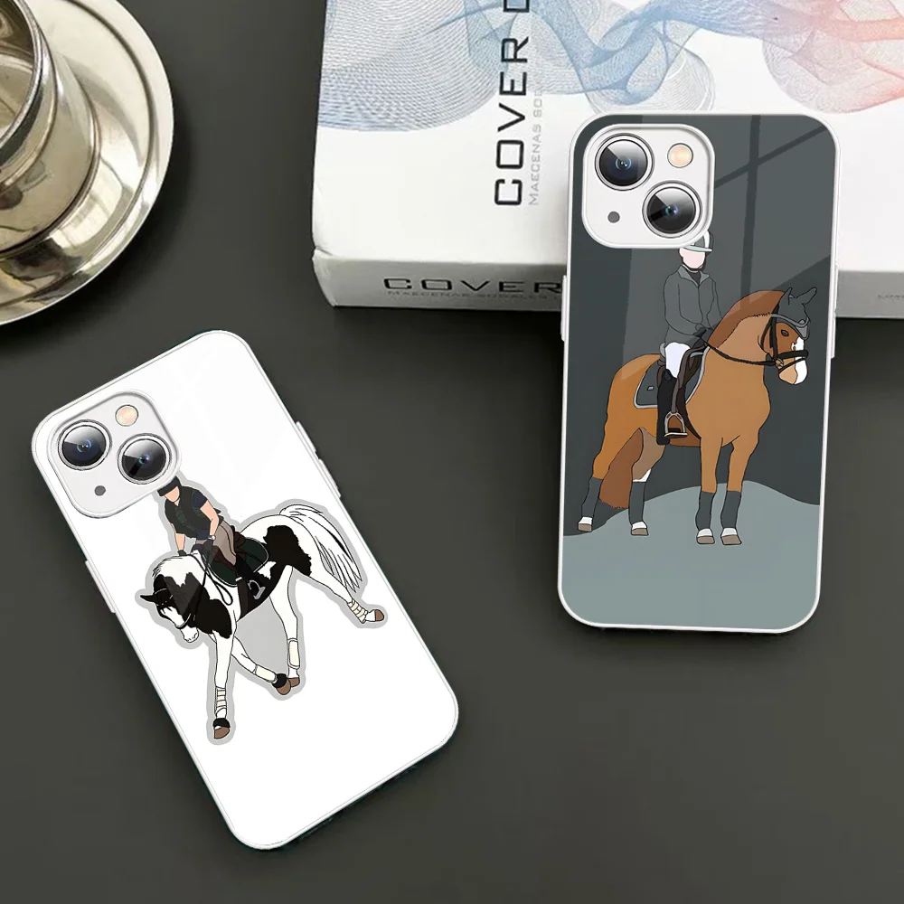 Animal Galloping Horse Girl Drawing Luxury Phone Case Tempered Glass For Iphone 14 13 12 Pro Mini XS MAX 14Plus X XS XR Fundas