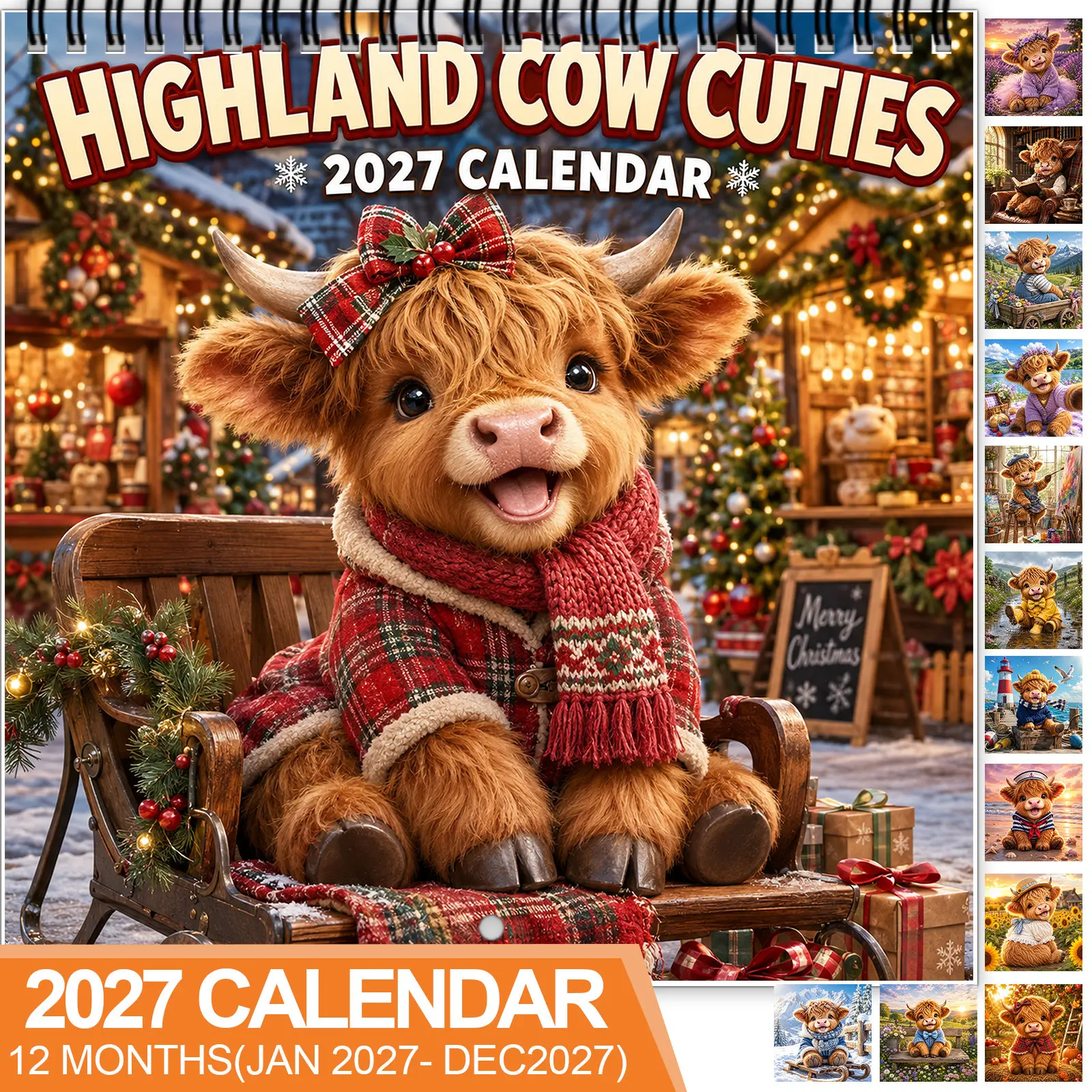 2027 Highland Cow Calendar, 12-Month Spiral Hanging, Fluffy Cows in Outdoor Scenes, Large Writeable Squares, Gift for Cow Lovers