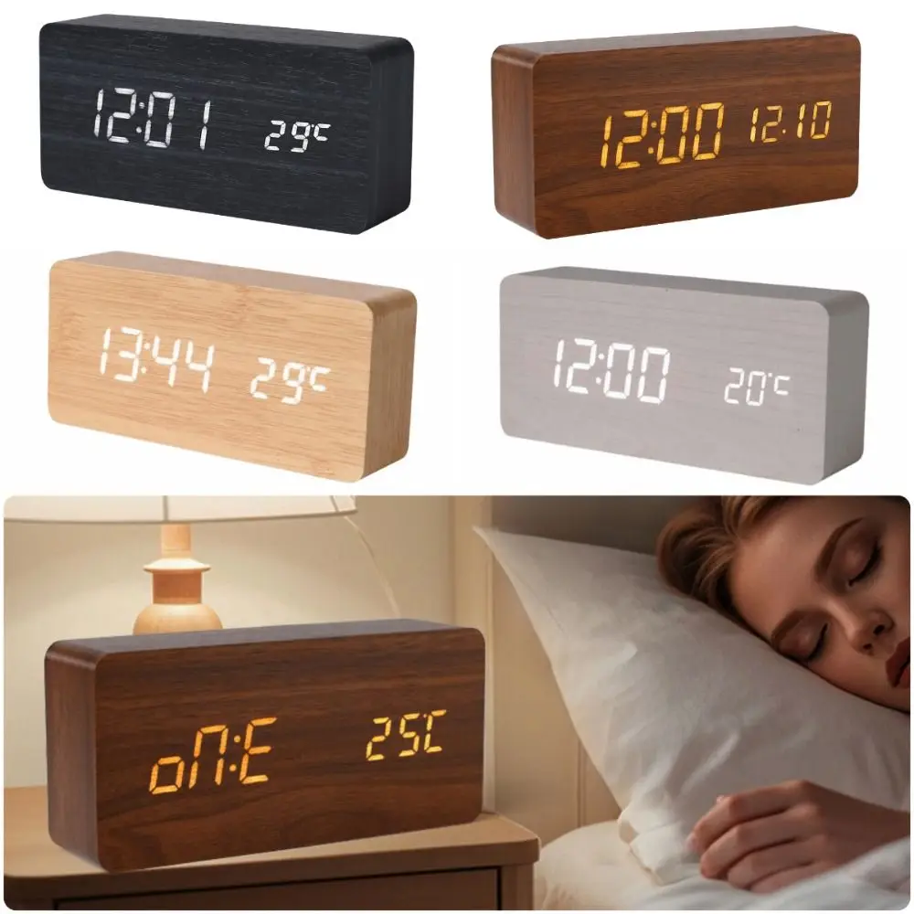 Multi-functional Alarm Clock Wood Adjustable Brightness Digital Clock Temperature Display Weekday Weekend Mode Smart Alarm Clock