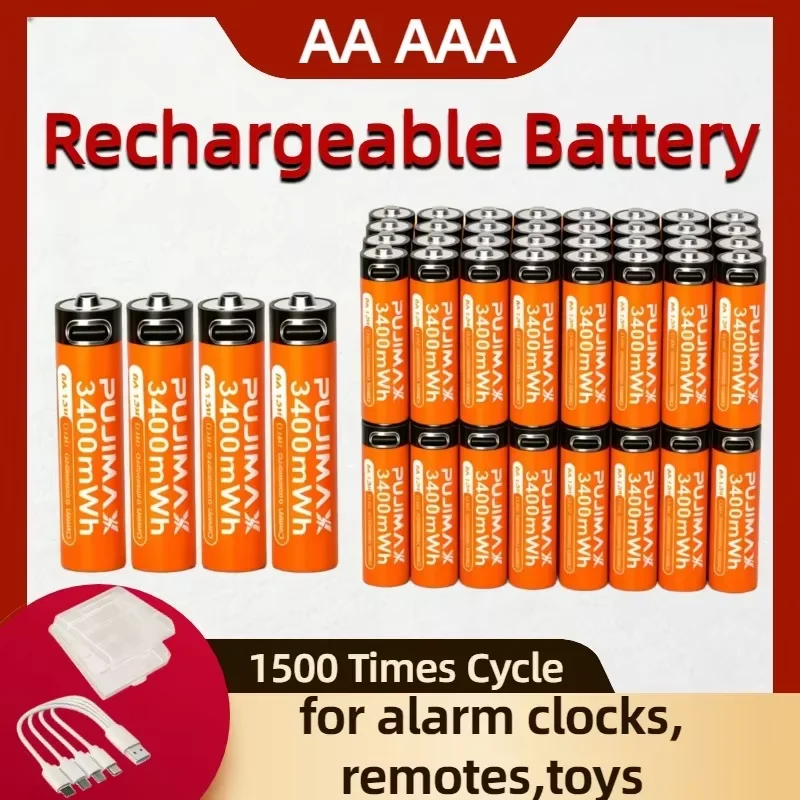 NEW 1.5V AA AAA Rechargeable Lithium Battery 3400mWh 1100mWh, 1500 CyclesType-C Charging for Alarm Clock, Remote, Toys