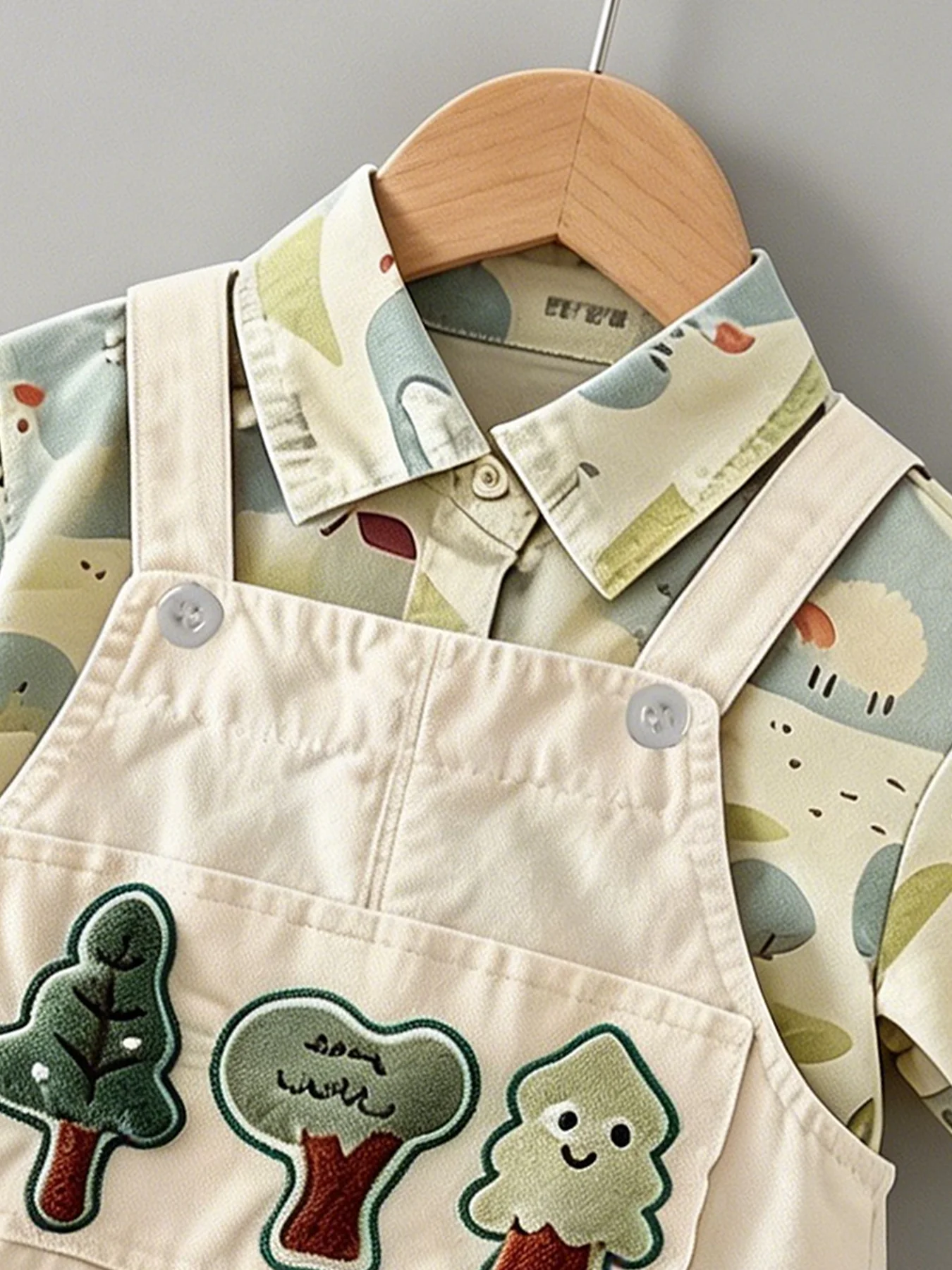 Baby Boy “Xiao Shu” Light Green Plant Print Off-White Fresh Short-Sleeve Overalls and Shorts Set—Lightweight and Breathable