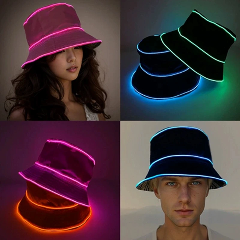 Solid Color Style Beach LED Cap Luminous Fisherman Hat El Wire Bucket Hats Glow In The Dark For Club Rave Party Wedding Props