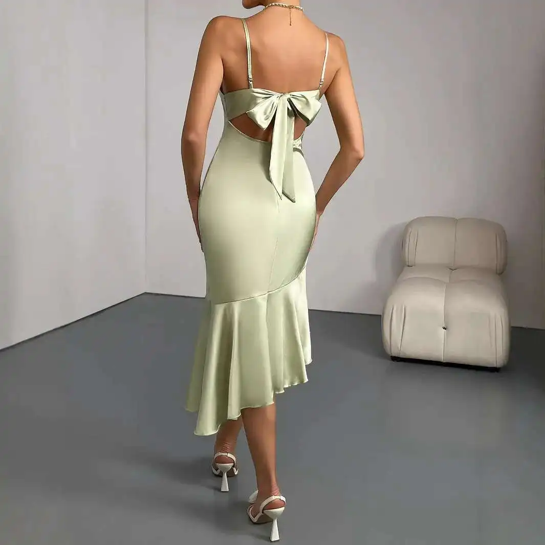 2025 Ruffled Satin Dress for Women's New Light Luxury Niche New French Fishtail Dress Woman 2025 Summer Dress Robe Vestido Women