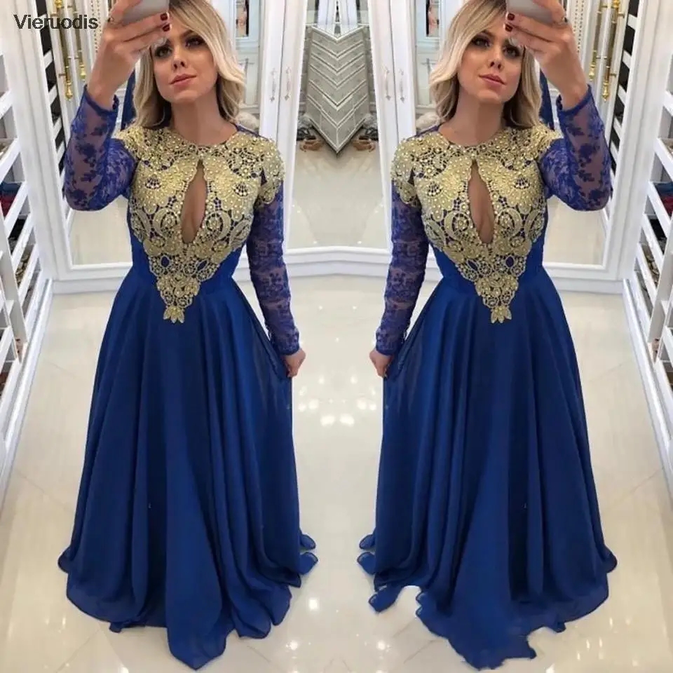 Vestidos de Noche de encaje dorado, vestido Sexy recortado de manga larga con cuello redondo y apliques de satén, elegante vestido azul para fiesta de graduación, corte en A, largo hasta el suelo, 2022