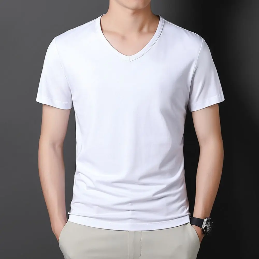 

Новые мужские футболки с V-образным вырезом, большие размеры, простые футболки с коротким рукавом, базовые свободные футболки, универсальные