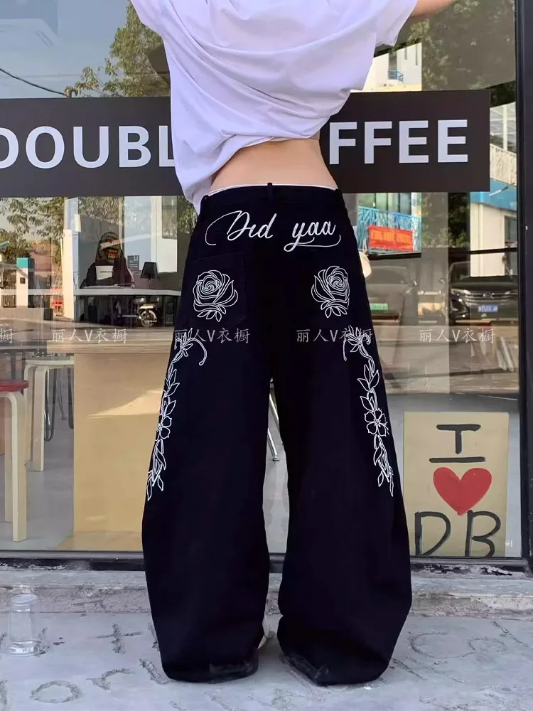 

WCFCX STUDIO Black Jeans for Women High Waist American Wide Leg Pants Y2K Vintage Straight Baggy Denim Trousers Oversize Pants