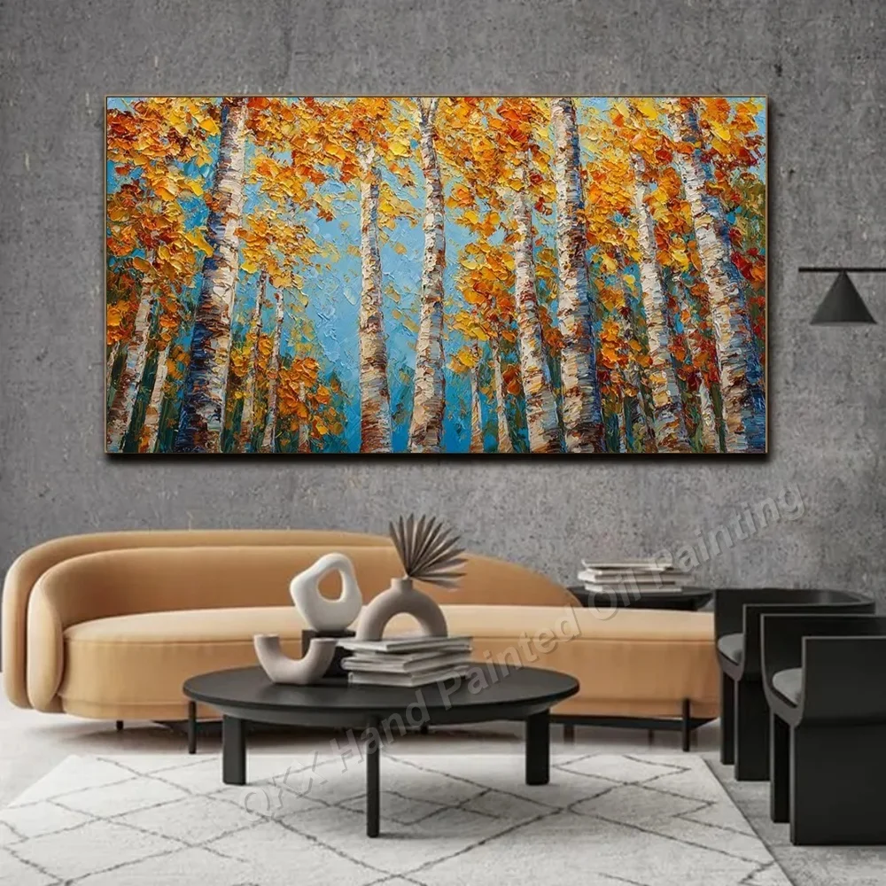 Handmade Oil Painting on Canvas Wall Art Decor for Living Room, Impasto Autumn Golden Birch Forest Horizontal Canvas Art