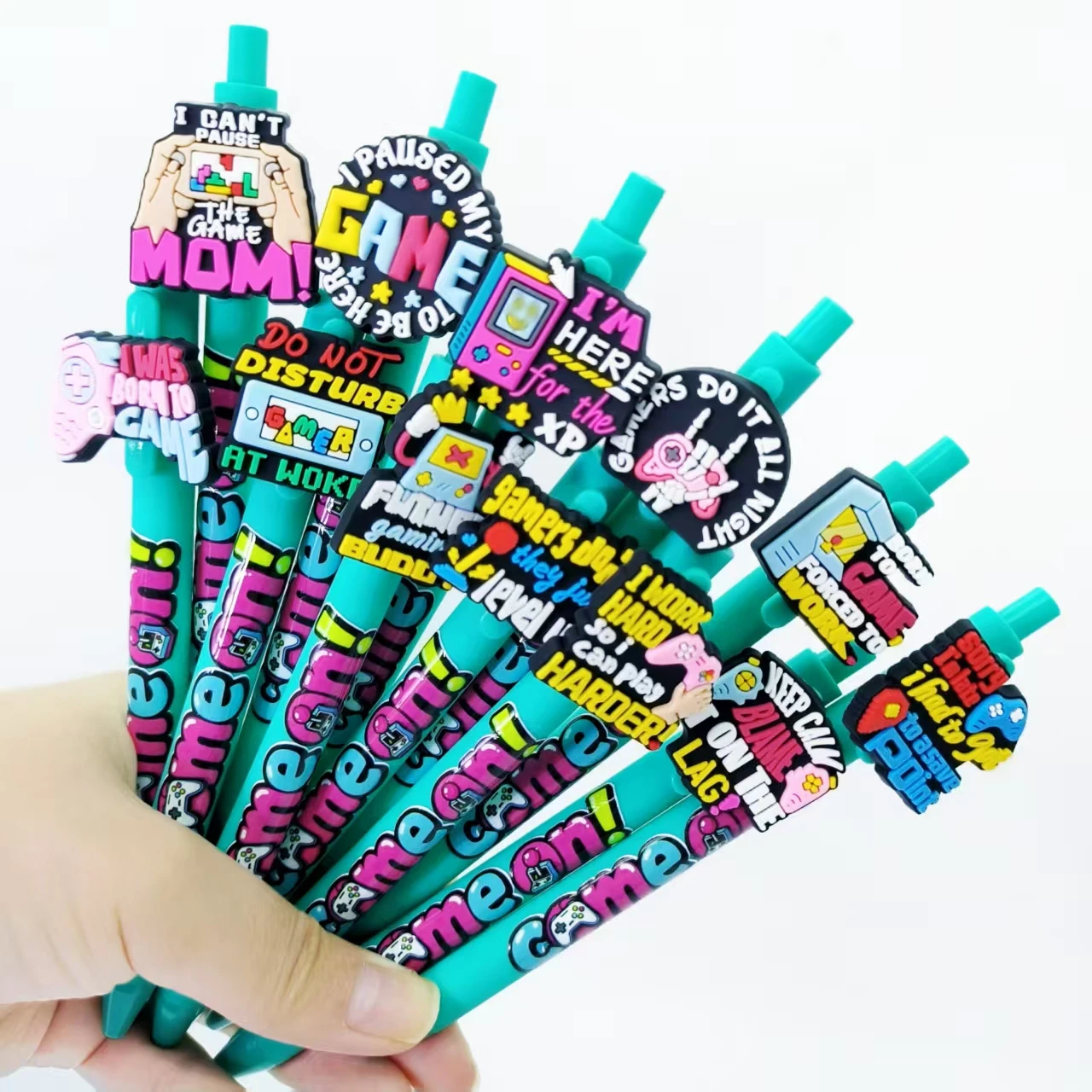 

9/18 шт., игровой контроллер, дизайнерский пресс, нейтральная ручка, вдохновляющая игра, лозунг, наклейка, ручка, сине-зеленый держатель для ручки, шариковая ручка