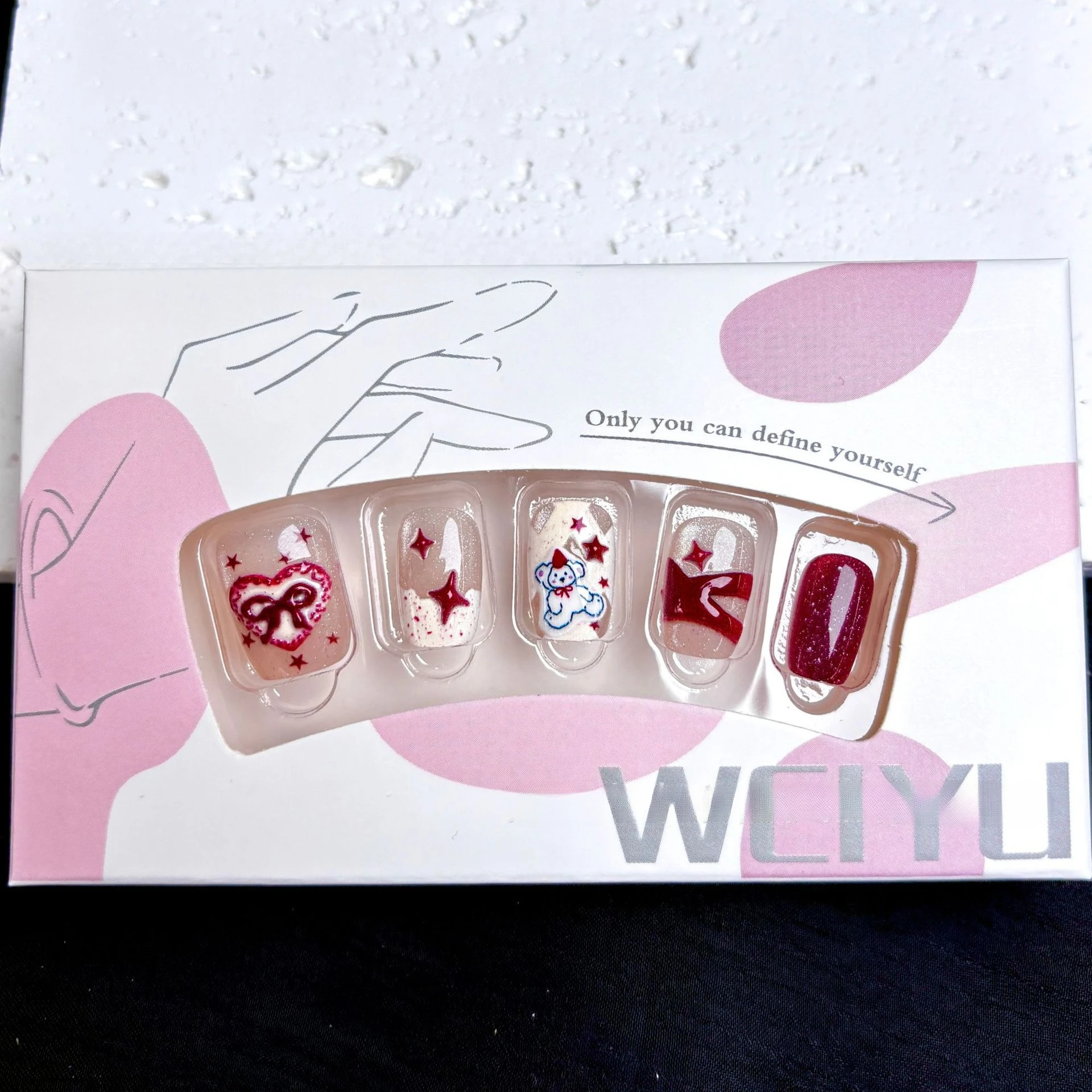 24 STKS Vierkante Nepnagels Rode Beer Cat Eye Druk op Nagels 3D Boog Frans Ontwerp Schattig Zoet Ins Stijl Festival Kunstnagels voor Meisje