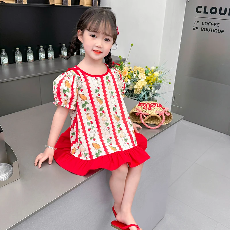 Girl\'s dress summer baby girl full print rabbit patchwork solid color lace bubble sleeve princess dress