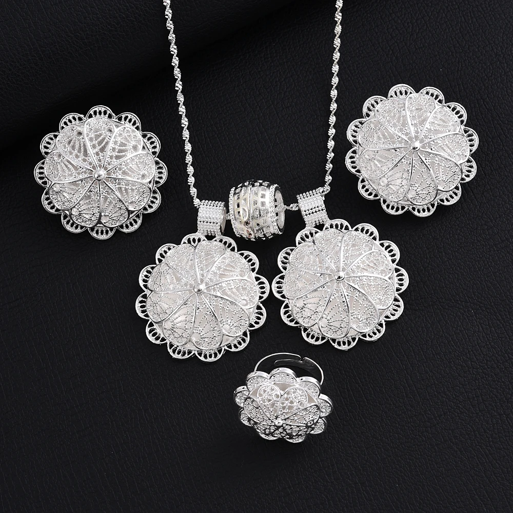 Ethiopian Silver Plated Bridal Jewelry Sets Necklace Earrings Ring Gifts Wedding Jewellery Set For Women