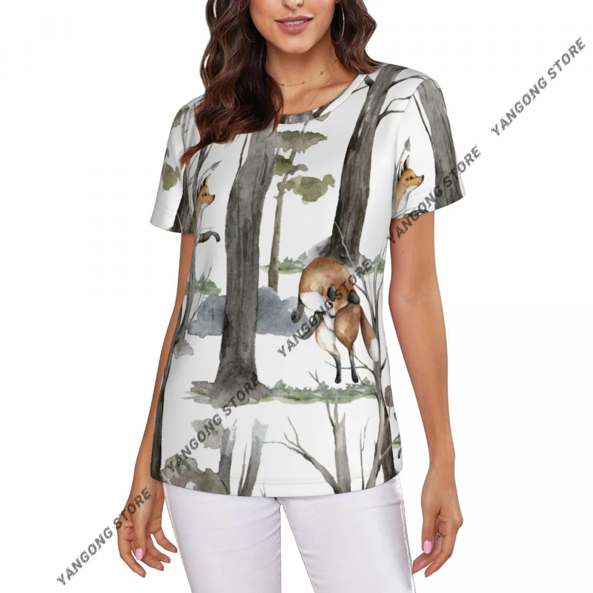 

Casual Summer Woman Skinny Fit T-shirt Tight Short-Sleeve O-neck Tee Basic Fox Cute Winter Background T Shirt