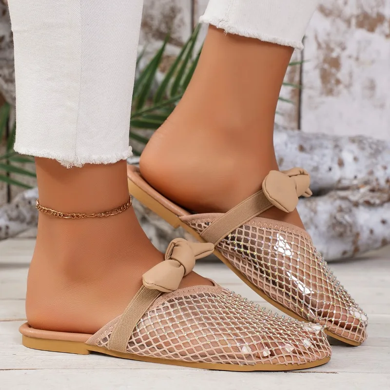 Ladies Shoes on Sale 2024 Brand Women\'s Slippers Summer Closed Toe Solid Net Cloth Butterfly-knot Square Heels Casual Slippers