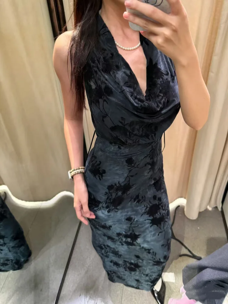 Vestido Retro de Veludo Longo Sem Mangas com Decote Pendu, Novo Estilo de Moda Fena Outono 2025, Vestido com Cintura ...