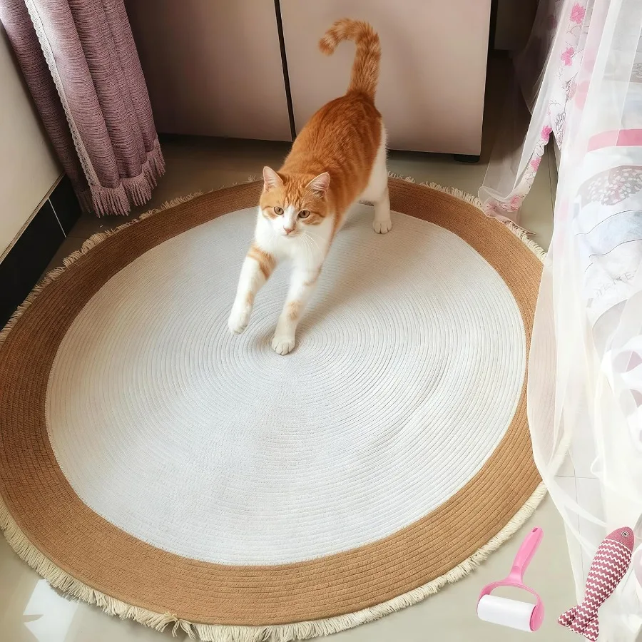 

Cotton Rope Area Rug for Cats Cat Scratching Rug Washable Round Vintage Reversible Woven Tassel Rug Soft and Stylish Home Accen