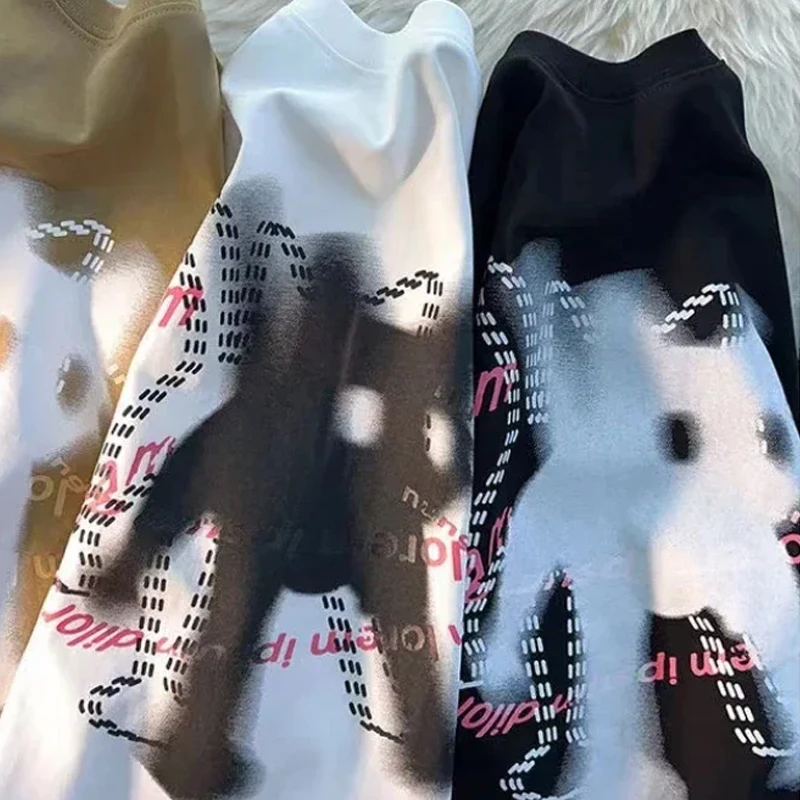 Camiseta con estampado de gato para mujer, camiseta de manga corta con cuello redondo, Top Y2k holgado versátil, tendencia de moda