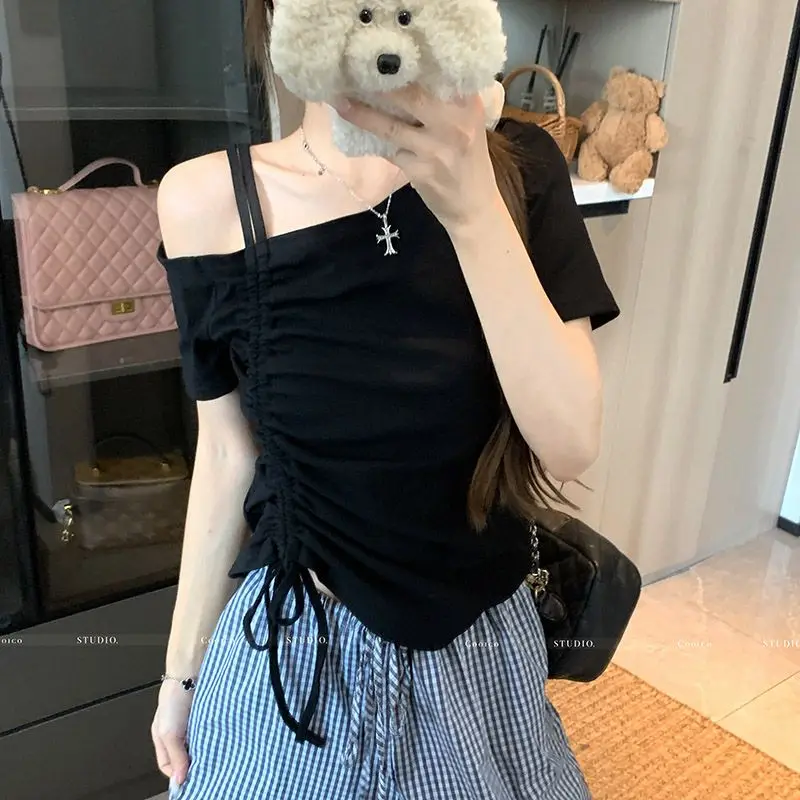 

Футболка с открытыми плечами, женская футболка с рюшами и оборками, дизайн, милая женская женская молодежная красивая милая футболка для девочек, мягкая шикарная Y2K