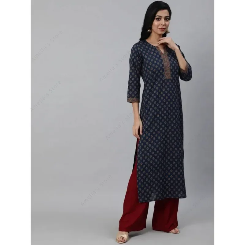 فستان كورتا نسائي هندي عرقي مطبوع خفيف الوزن من القطن الفانيلا بأكمام ثلاثة أرباع و4 خيارات ألوان فستان هندي