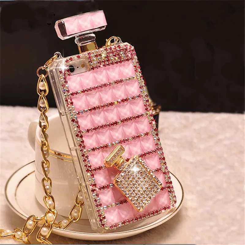 Fashion Bling Crystal Diamond Perfume Bottle Chain Handbag Cover For iPhone 15 14 13 12 11 Pro X XS MAX XR Plus Phone Case