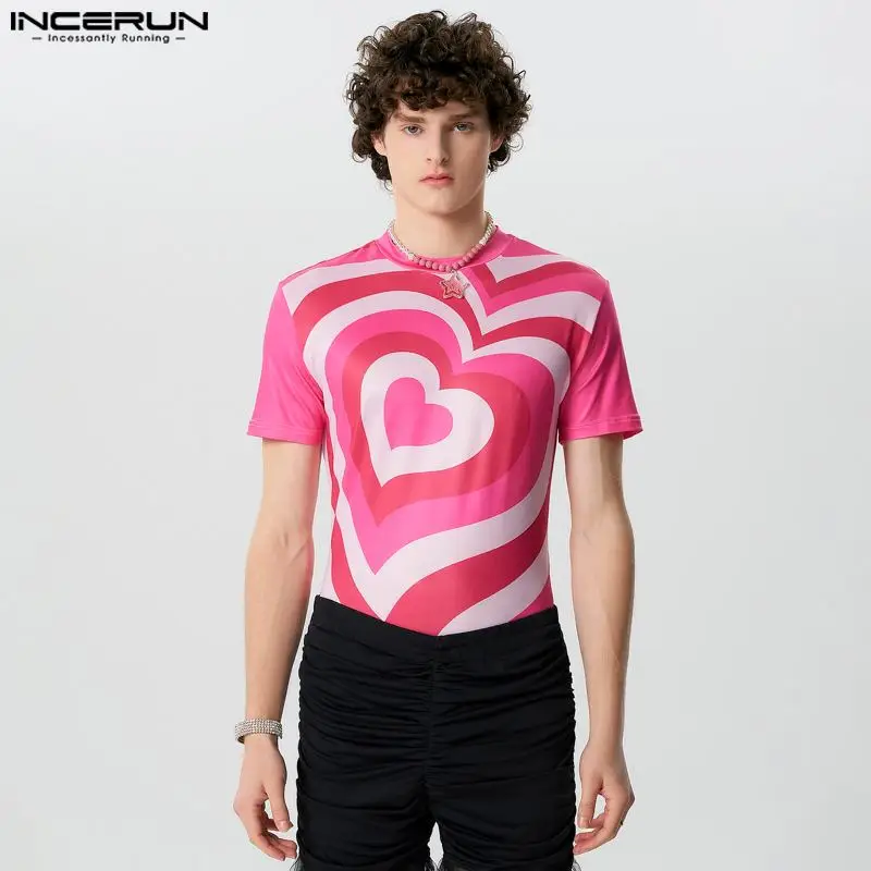 INCERUN Tops 2024 Fashionable New Men\'s Gradient Love Pink T-shirts Casual Stylish Male Hot Selling Short Sleeved Camiseta S-5XL