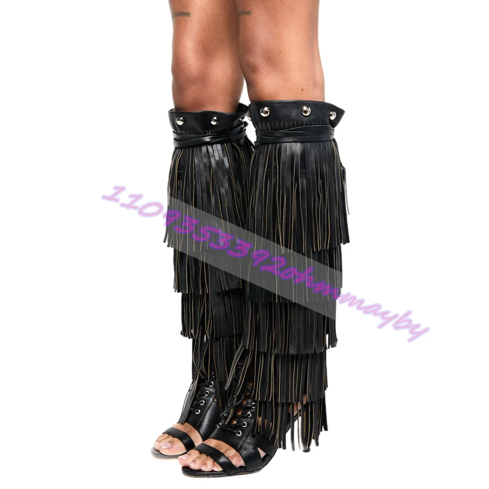 Women'S Black Multi-Layer Fringe Heeled Sandals Lace-Up Open Toe Slip-On Long Tassel Boots Clubwear Stage Performance Shoes
