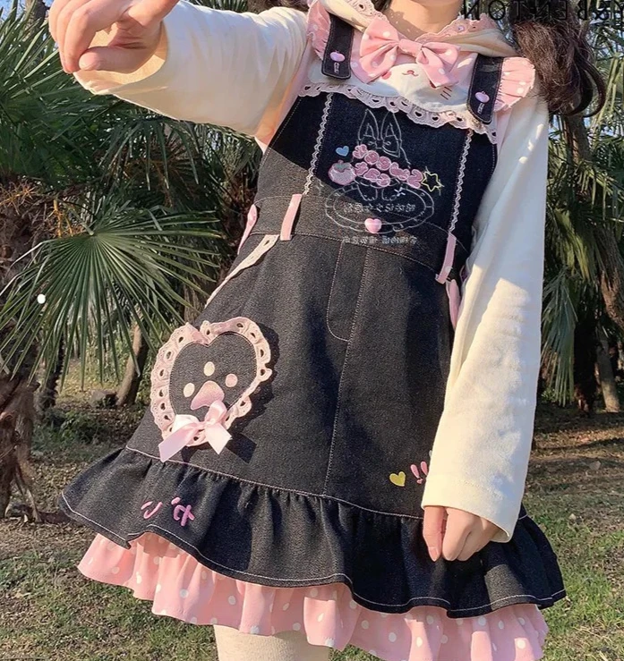 

Original Sweetheart Girl Denim Dress Japanese Cute Cartoon Embroidery Slim A-line Strap Dress Versatile Kawaii Mini Dresses