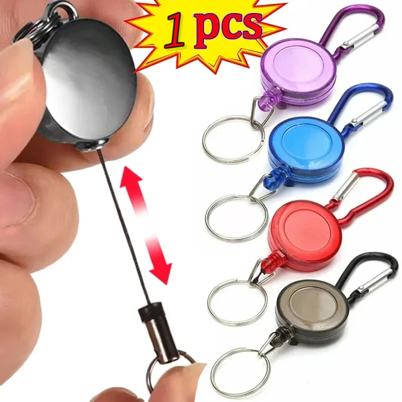 1pcs Retractable Steel Cord Pull Reel Keychain Wire Rope Clasp Key Ring Recoil ID Card Holder Chains Sporty Multifunction Tool