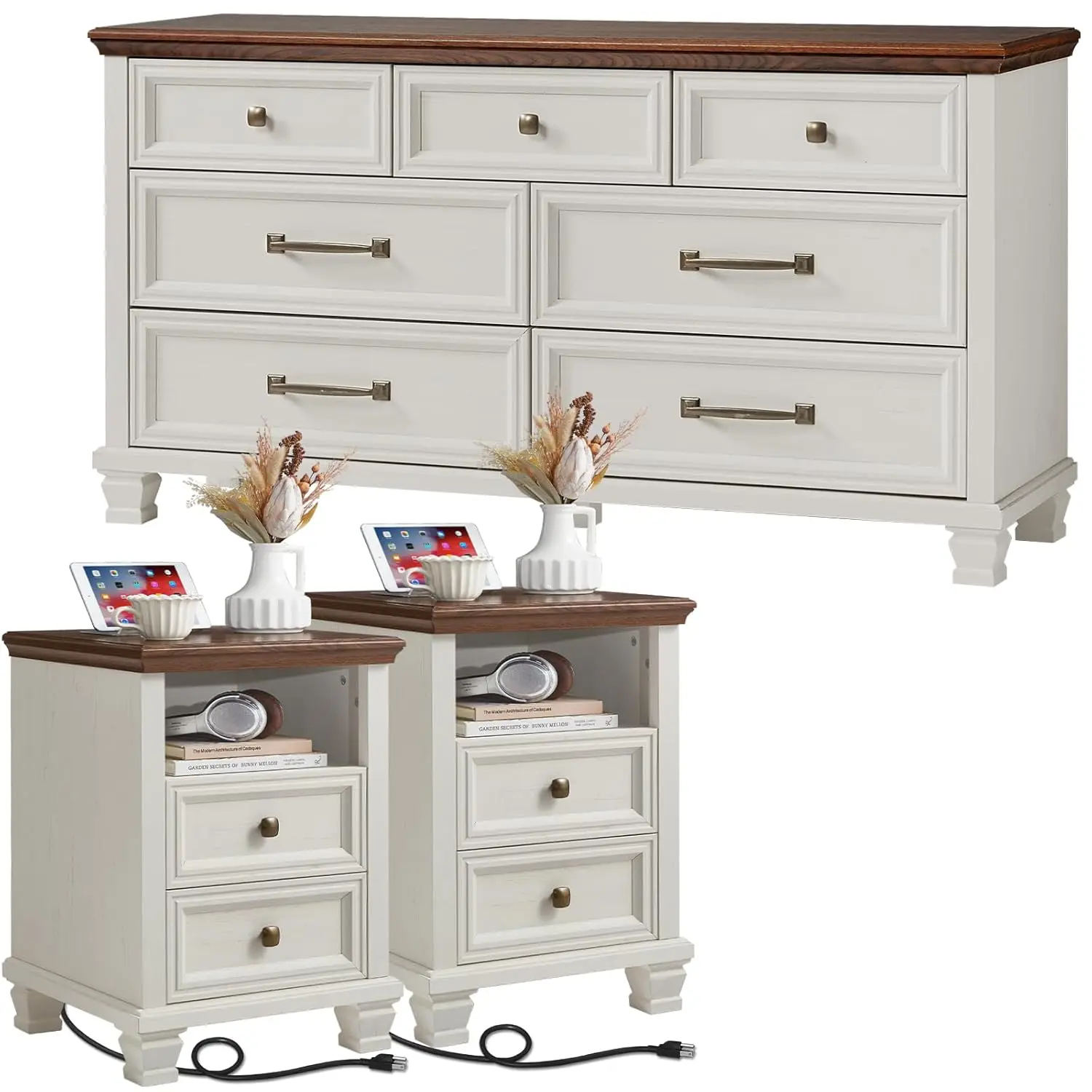 7 Drawer Dresser & 2 Drawer Nightstand Set 3 Piece Rustic Wood Bedroom Furniture White, Customized