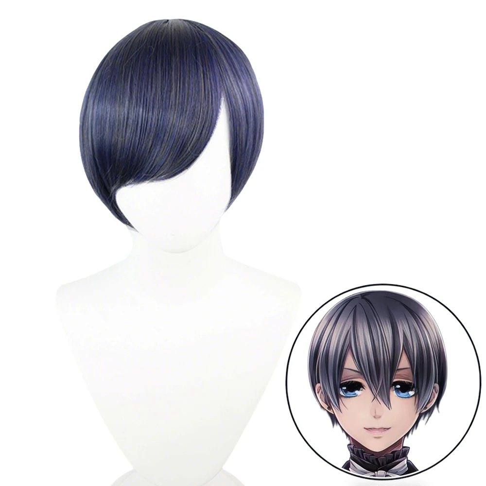 

Short Straight Male Cosplay Grey Blue Wig Ciel Phantomhive Cosplay Synthetic Hair with Bangs Mens Halloween Party Wigs Props