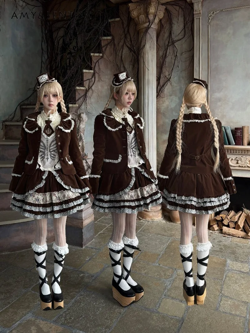 

Original Subculture Gothic Print Skirt Sets Women Lolita Style Retro Stand-up Collar Long-sleeved Shirt Slim Vest Mini Skirt