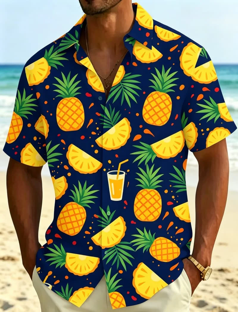 

Men's Tropical Fruit and Drink Print Casual Shirt, Breathable Top for Summer Vacation Party Travel and Daily Wear