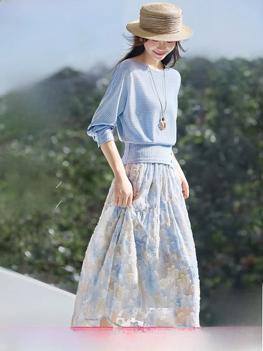 

Mehem Beau Slimming Faionable Two-Piece Set Spring New Batwing Sve Loose Floral Print Dr Set Women Ele Sle