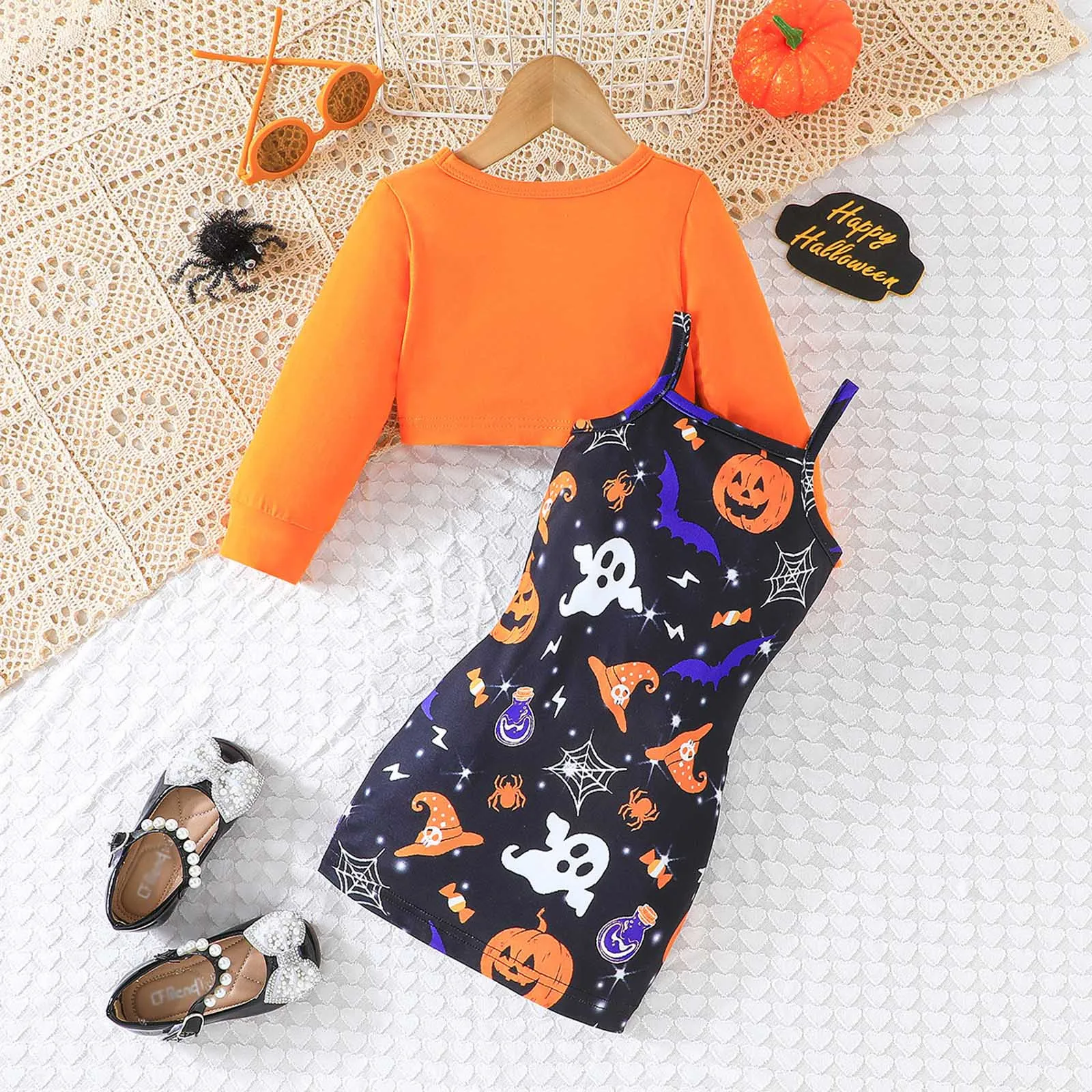 Halloween Outfits Sets Toddler Girls' Halloween Cartoon Prints Slim Fit Camis Dress+Long Sleeved Crop Top Girls Clothes 2Pieces