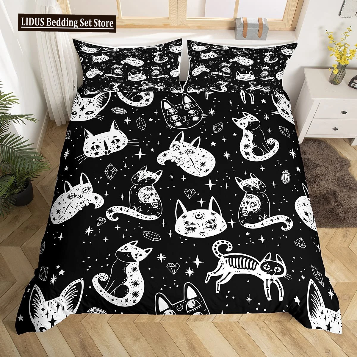 Cat Skeleton Duvet Cover Set Full Queen,Halloween Gothic Skull Bedding Set 2/3pcs,Black＆White Galaxy Comforter Cover Quilt Cover