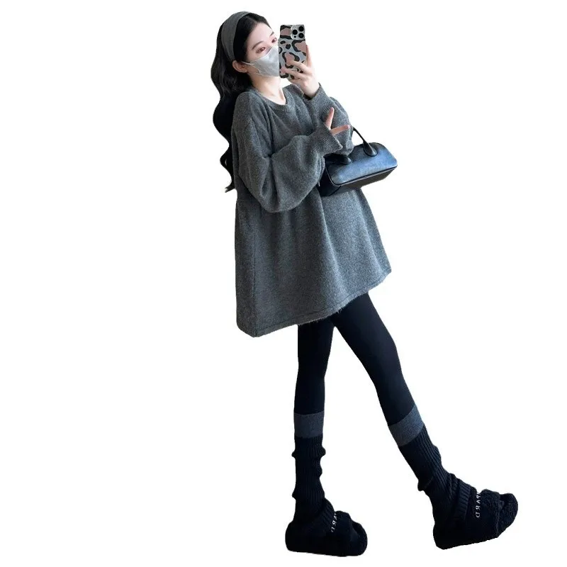 صغيرتي الأمومة أعلى الخريف الشتاء جديد فضفاض صالح كم طويل جولة الرقبة سترة فستان منتصف طول أبلى للنساء الحوامل