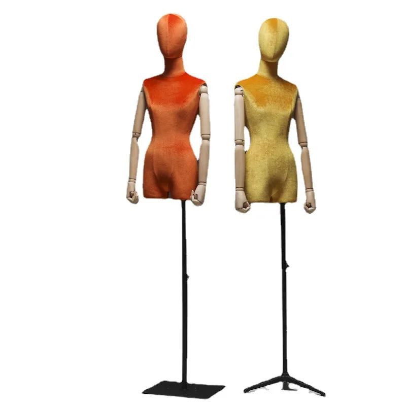 Fabric Cover Female Half Body Mannequin Torso Metal Black Base with Wooden Arm for Window Clothing Display Adjustable Rack