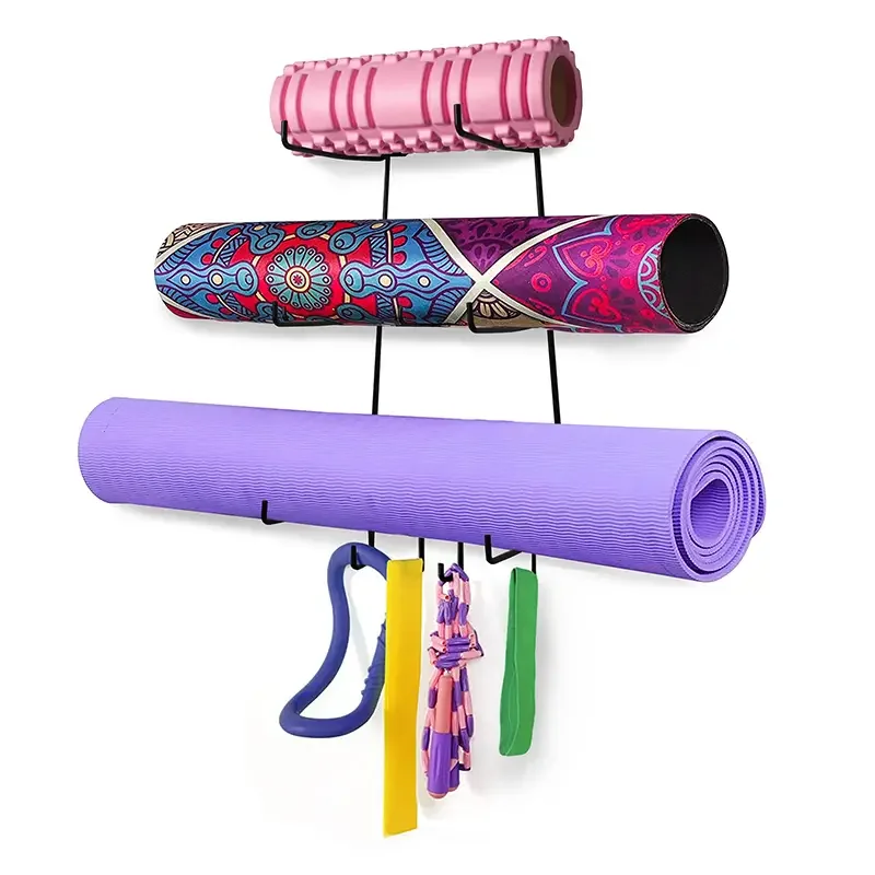

Wall Mounted Yoga Mat Foam Roller Organizer With 4 Hooks For Hanging Yoga And Resistance Bands (Yoga Mat Not Included)