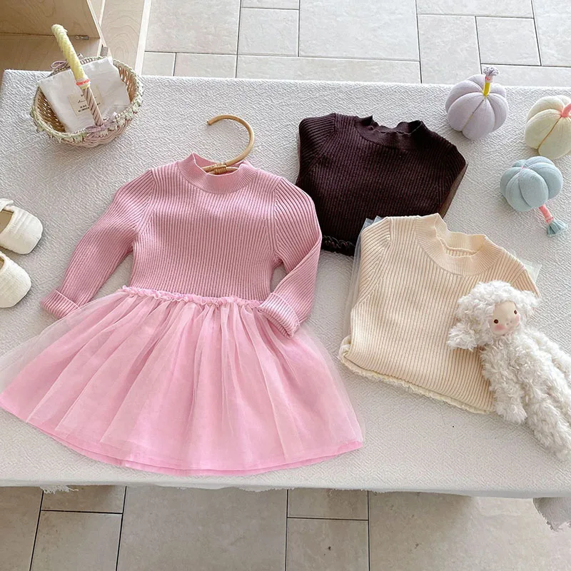 MILANCEL New Autumn Kids Dress 9M-6T Knitted Mesh Splicing Baby Girls Princess Dress Solid Color Korean Children Outfit 2PCS