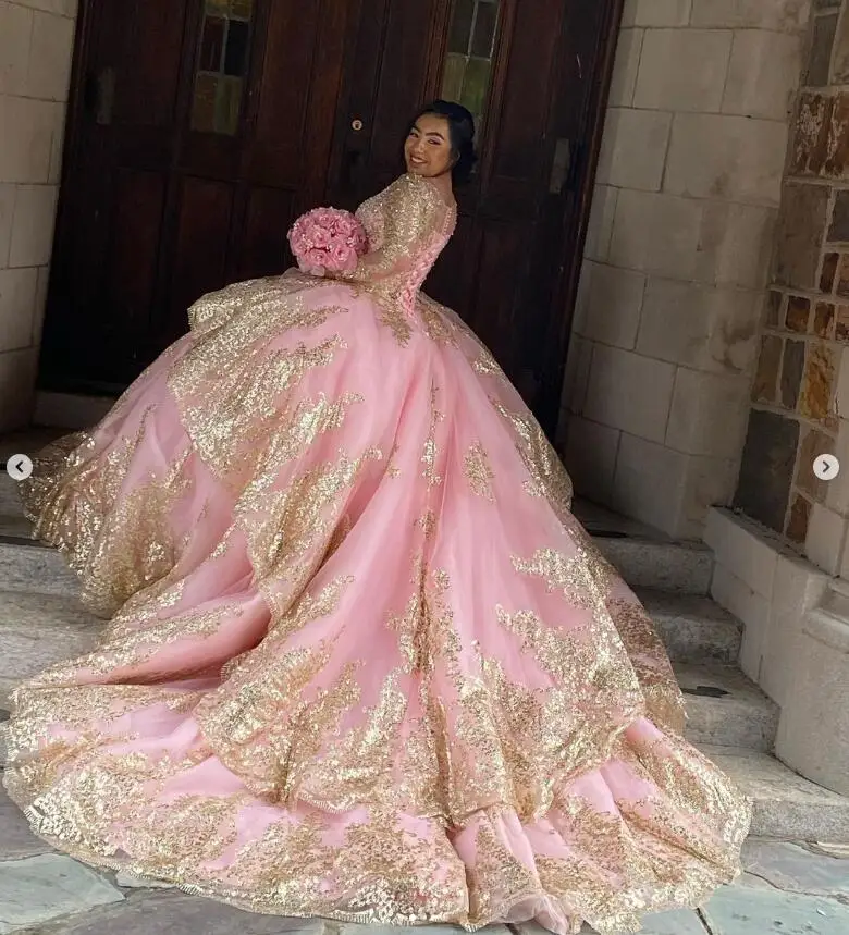 Roségold Prinzessin mexikanische Quince anera Kleider Langarm Kathedrale Zug Gold Applikation Korsett Charro Vestido Quitte Años