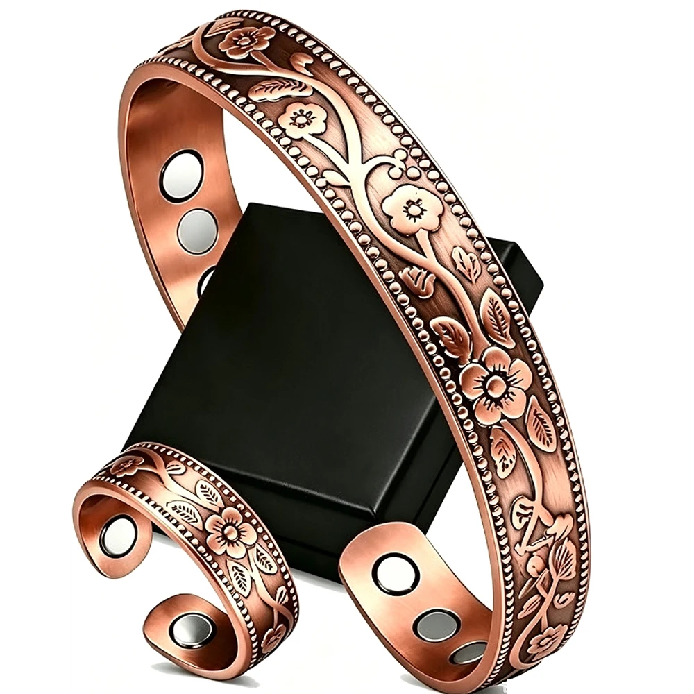 Pure Copper Bracelet and Ring Set for Women Men Handcrafted Flower Pattern Uncoated Copper Jewelry Unique Couples Decor Gifts
