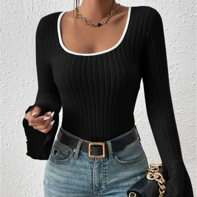 Long Sleeve Top Square Neck Slim Fit Individual Streetwear with Pullover Urban Style Autumn Bell Sleeve T Shirts for Women