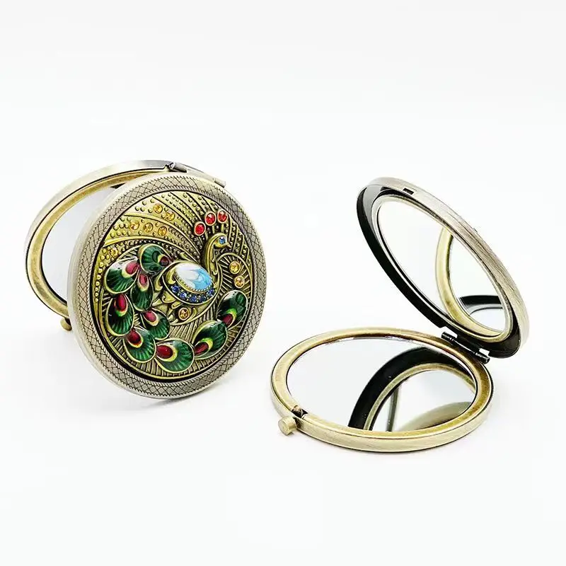 Russian Vintage Double Sided Small Fold Mirrors Exquisite Relief Carved Bronze Metal Makeup Bag Mini Pocket Mirror for Woman