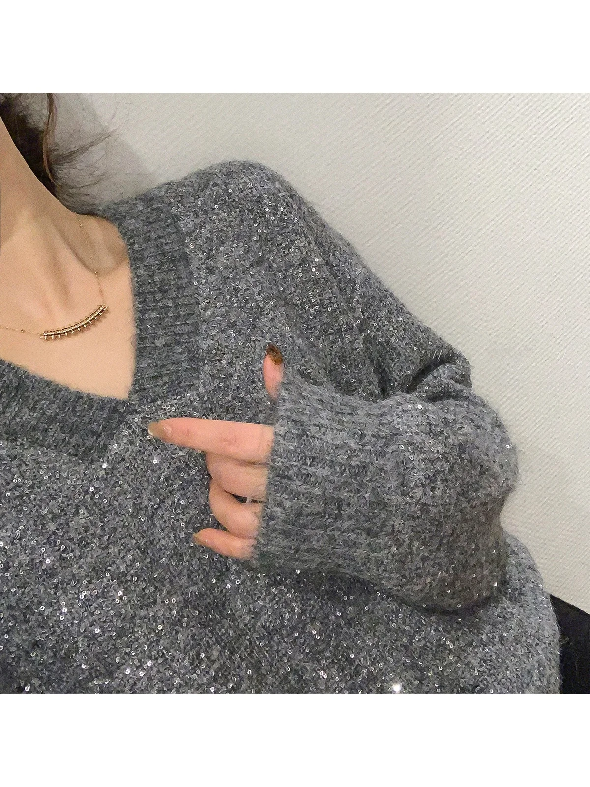 

Love Devil Fi Sparkling Knitted Sweater V-Ne Oversized Faionable Winter New Arrival Women's Long Sve Top