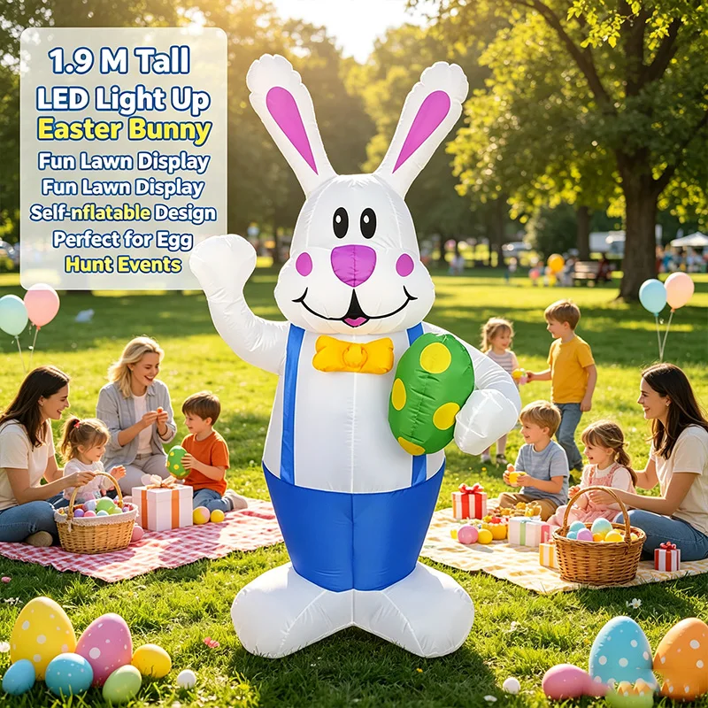 1.9M Inflatable Christmas Cartoon Bunny with LED Lights, Blow Up Yard Decor for Easter Holiday Party