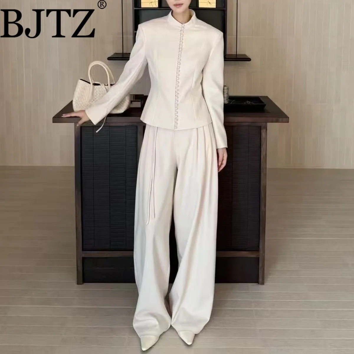 

BJTZ Temperament Fashion Blazer Set For Woman 2025 Spring Autumn New Stand Collar Top+wide Leg Straight Pant Two Piece Sets