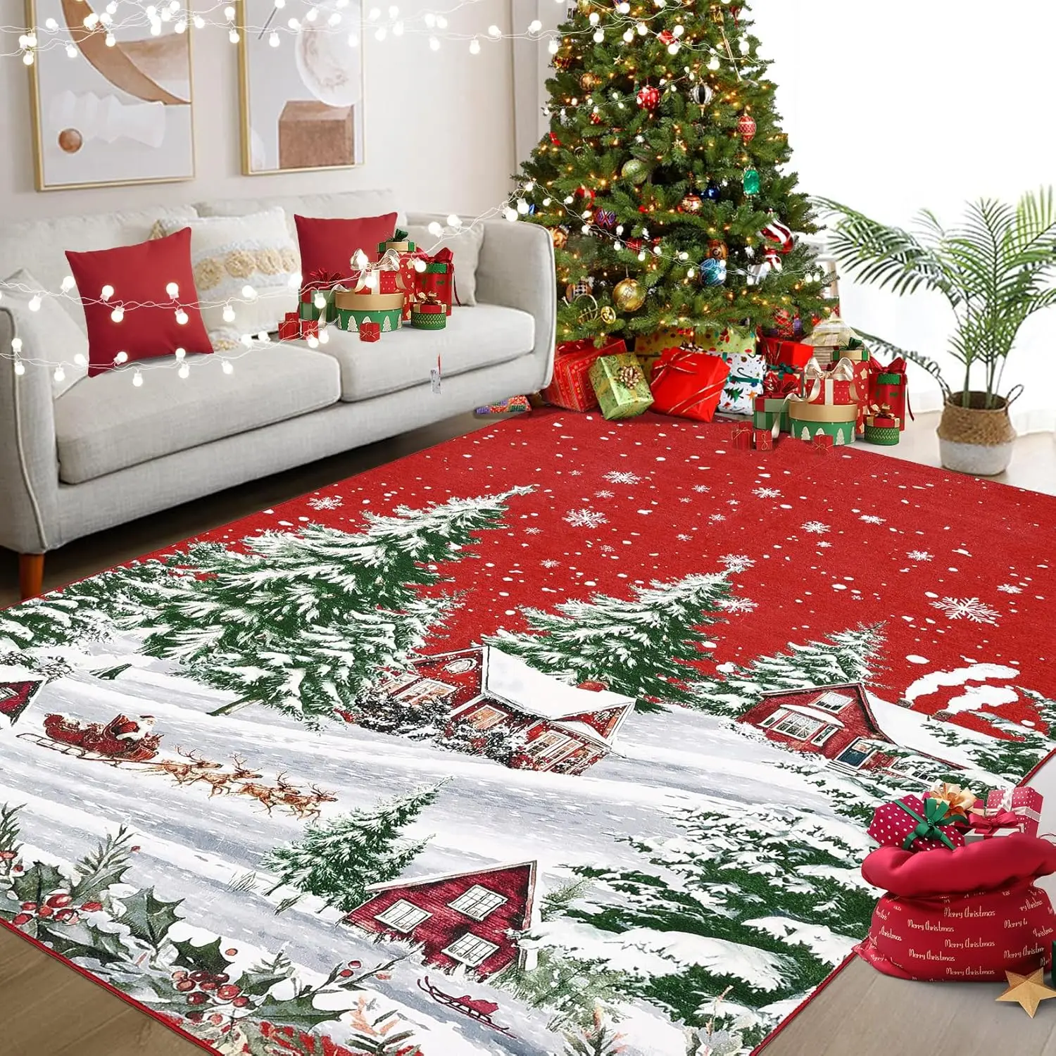 Christmas Area Rug, Red Green Snowflake Tree Rugs Washable Throw Runner Rugs Carpet for for Living Room Kitchen Dining Room