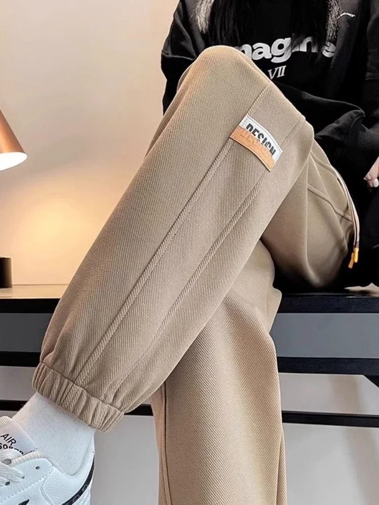 Khaki Fleece Lined Sports Pants Women's Casual Trousers Autumn Winter plus Size Harlan Cuffed Sweatpants Trendy plus Size
