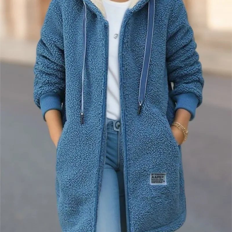 

Thickened Medium To Long Lambskin Hoodie Added Fleece Women's Autumn Winter Embroidered Letter Zipper Jacket Chaquetas De Mujer